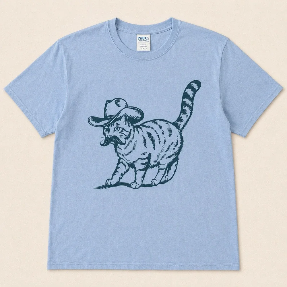 Port & Company Light Blue Cowboy Cat Mustache Graphic T-Shirt Womens L Kitty
